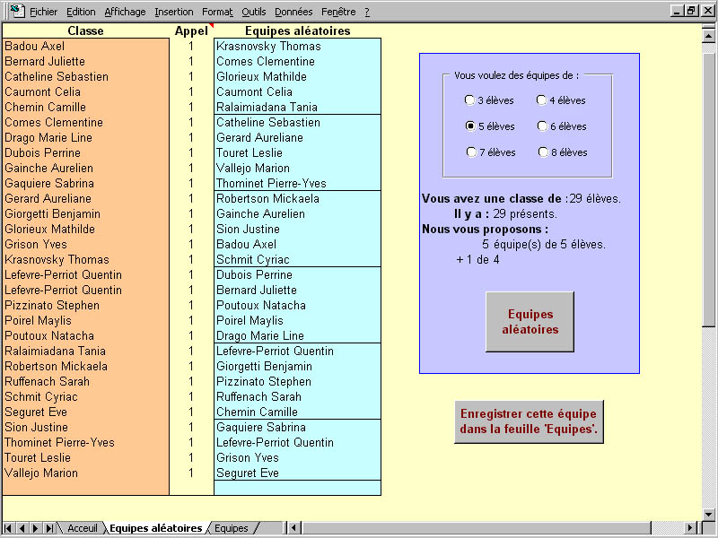 La feuille de constitution des �quipes al�atoires